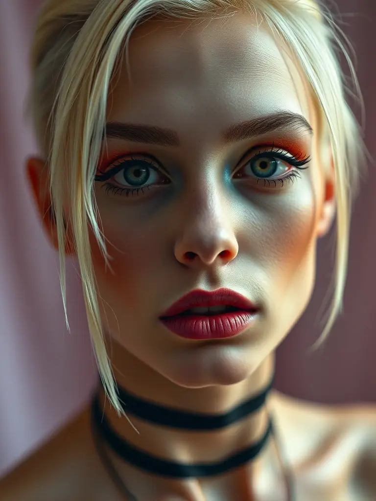 A close-up shot of a non-binary model with unique features and bold makeup, expressing confidence and individuality.