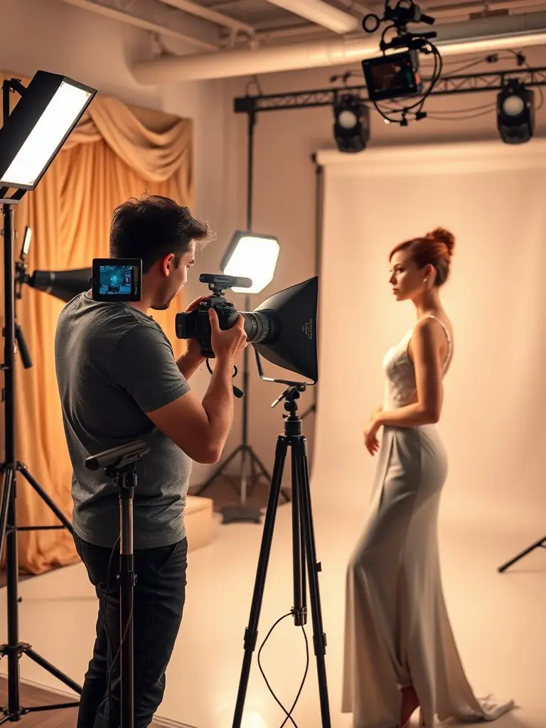 A professional photographer taking photos of a model in a studio, showcasing the platform's ability to connect photographers and models for high-quality shoots.
