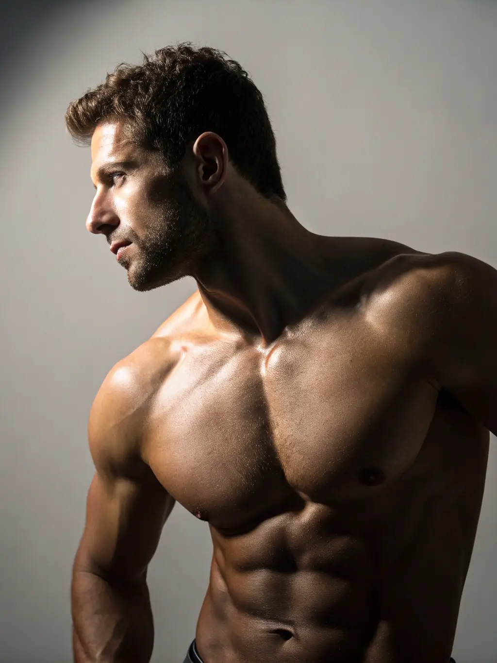 A full-body shot of a male model with a muscular build, posing confidently in athletic wear against an urban backdrop.