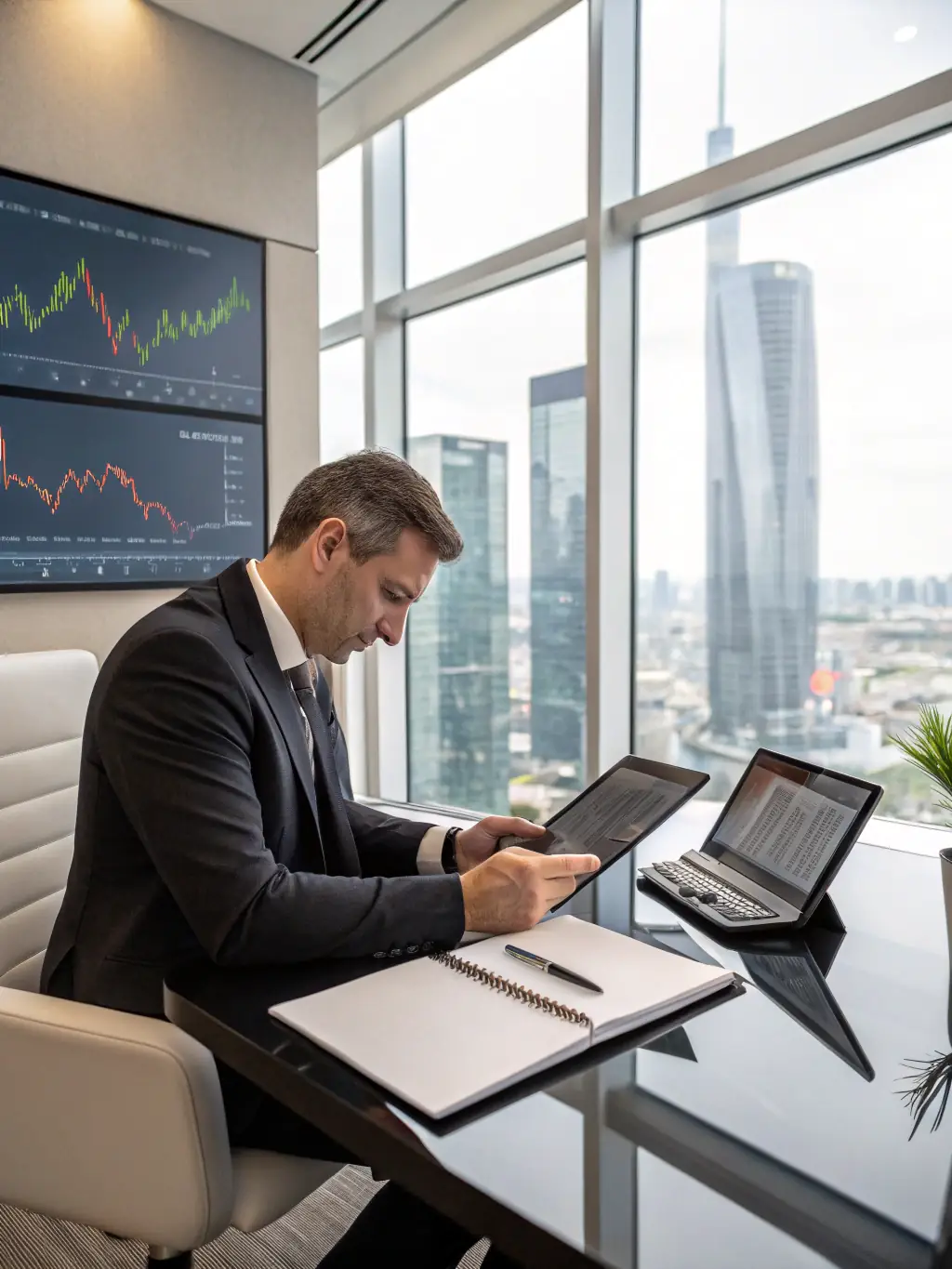 A company representative reviewing model portfolios on a tablet, highlighting the ease of accessing and evaluating talent profiles on the platform.